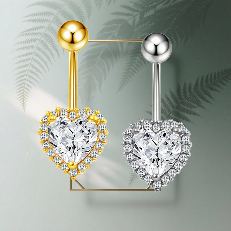 Three-dimensional Heart Shape Copper Belly Ring With Electroplated Platinum Plated Finish And Zircon Inlay
