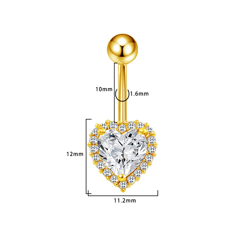 Three-dimensional Heart Shape Copper Belly Ring With Electroplated Platinum Plated Finish And Zircon Inlay