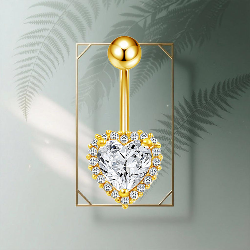 Three-dimensional Heart Shape Copper Belly Ring With Electroplated Platinum Plated Finish And Zircon Inlay