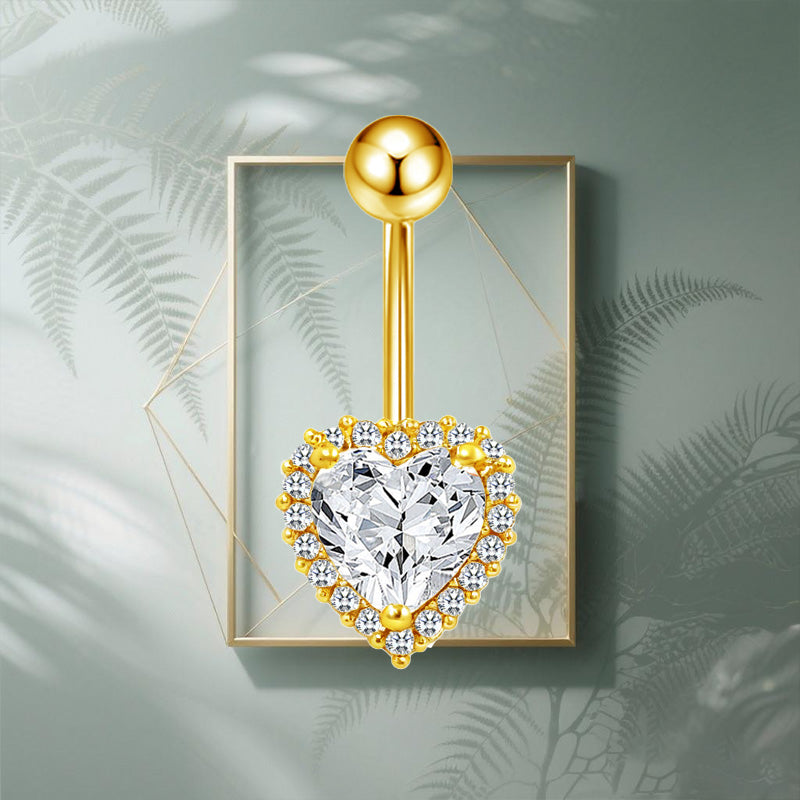 Three-dimensional Heart Shape Copper Belly Ring With Electroplated Platinum Plated Finish And Zircon Inlay