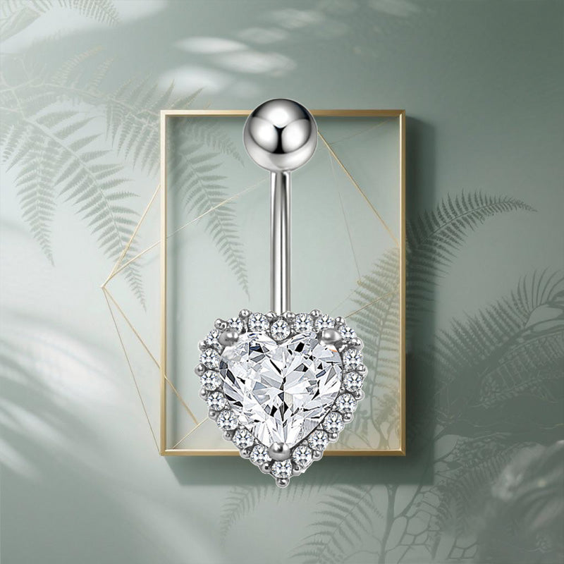 Three-dimensional Heart Shape Copper Belly Ring With Electroplated Platinum Plated Finish And Zircon Inlay
