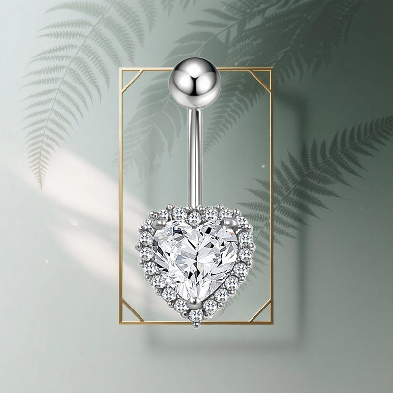 Three-dimensional Heart Shape Copper Belly Ring With Electroplated Platinum Plated Finish And Zircon Inlay