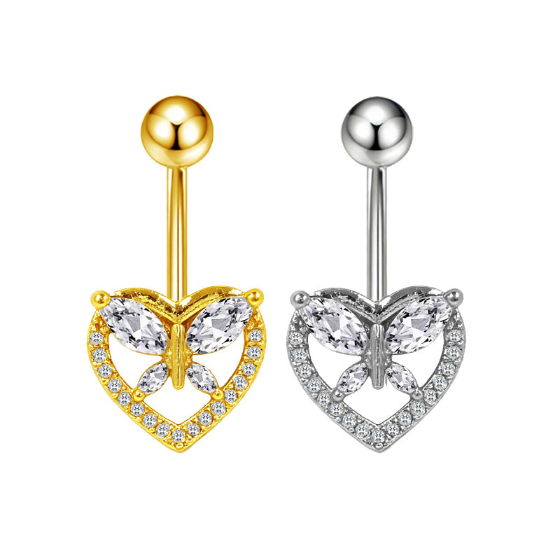 Three-dimensional Heart Shape Copper Belly Ring With Electroplated Platinum Plated Finish And Zircon Inlay