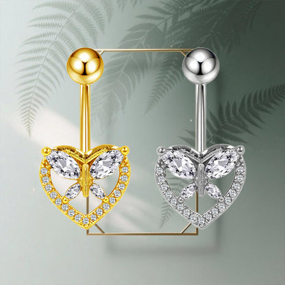 Three-dimensional Heart Shape Copper Belly Ring With Electroplated Platinum Plated Finish And Zircon Inlay