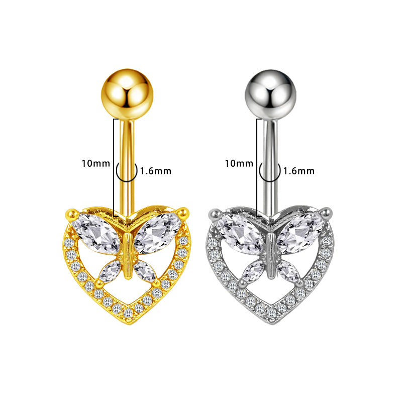 Three-dimensional Heart Shape Copper Belly Ring With Electroplated Platinum Plated Finish And Zircon Inlay