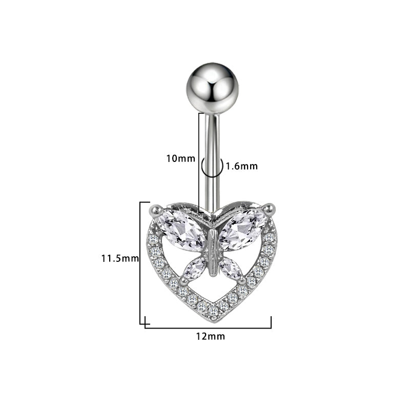 Three-dimensional Heart Shape Copper Belly Ring With Electroplated Platinum Plated Finish And Zircon Inlay