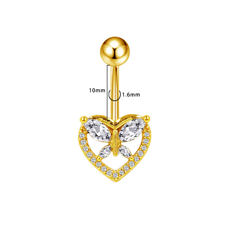 Three-dimensional Heart Shape Copper Belly Ring With Electroplated Platinum Plated Finish And Zircon Inlay