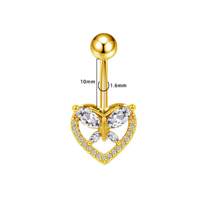 Three-dimensional Heart Shape Copper Belly Ring With Electroplated Platinum Plated Finish And Zircon Inlay