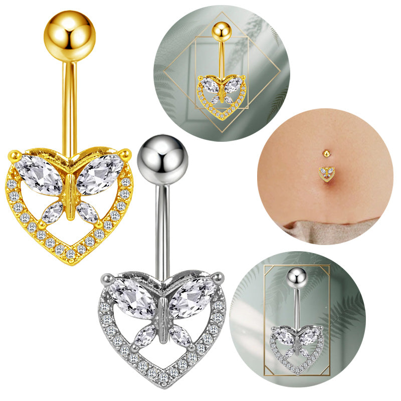 Three-dimensional Heart Shape Copper Belly Ring With Electroplated Platinum Plated Finish And Zircon Inlay