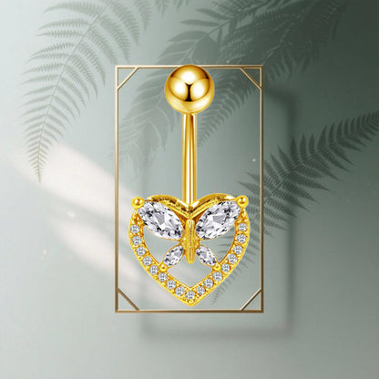 Three-dimensional Heart Shape Copper Belly Ring With Electroplated Platinum Plated Finish And Zircon Inlay
