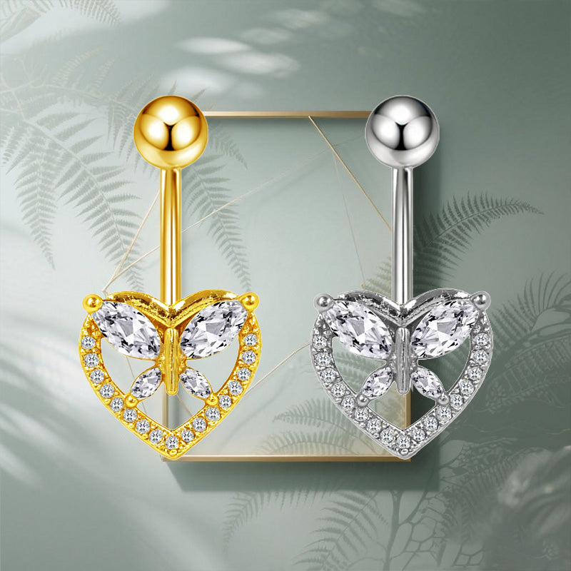 Three-dimensional Heart Shape Copper Belly Ring With Electroplated Platinum Plated Finish And Zircon Inlay