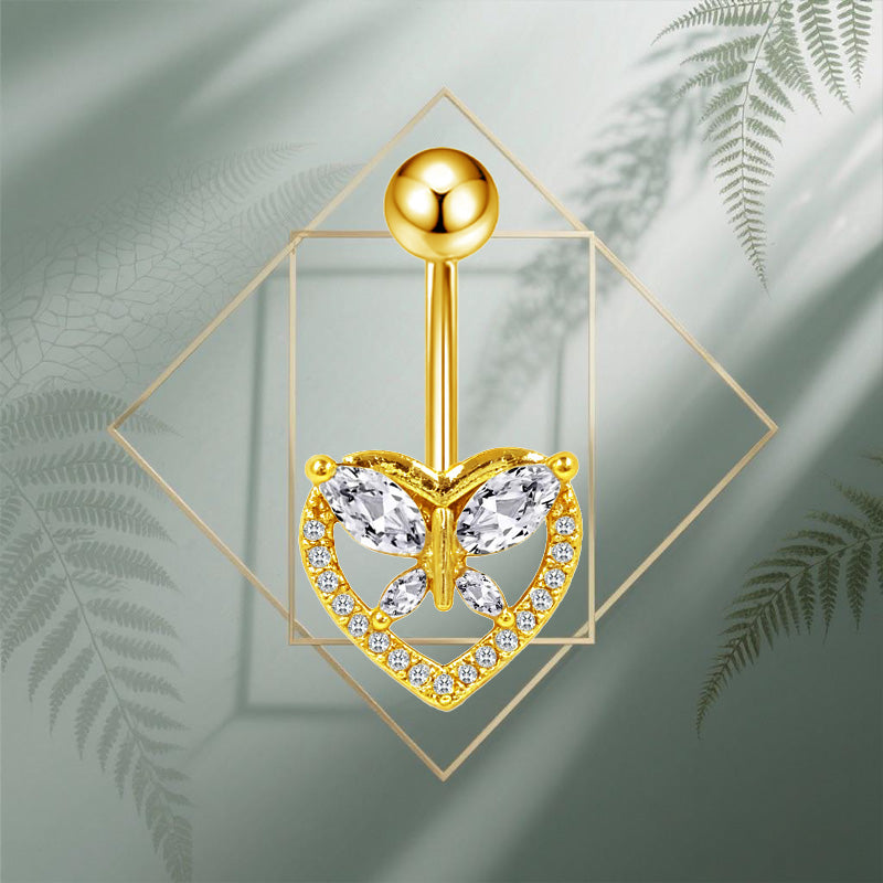 Three-dimensional Heart Shape Copper Belly Ring With Electroplated Platinum Plated Finish And Zircon Inlay