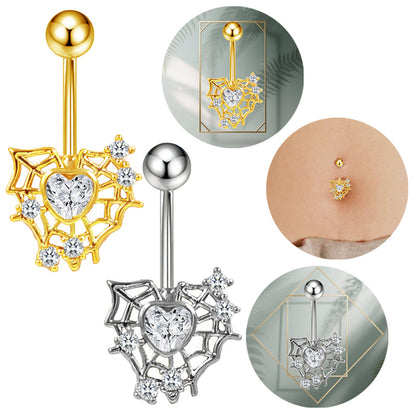Three-dimensional Heart Shape Copper Belly Ring With Electroplated Platinum Plated Finish And Zircon Inlay