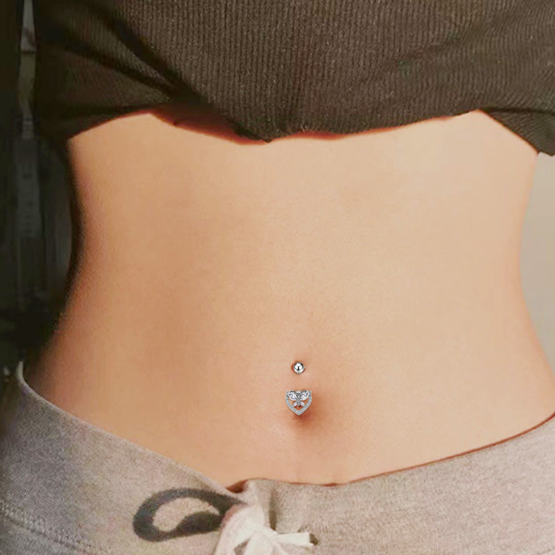 Three-dimensional Heart Shape Copper Belly Ring With Electroplated Platinum Plated Finish And Zircon Inlay