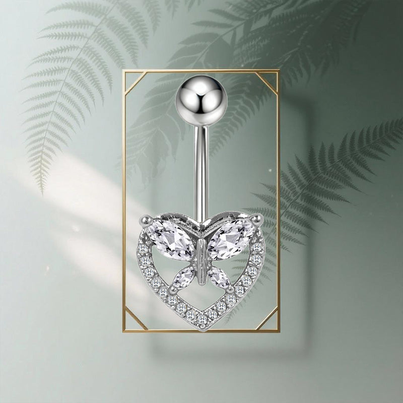 Three-dimensional Heart Shape Copper Belly Ring With Electroplated Platinum Plated Finish And Zircon Inlay