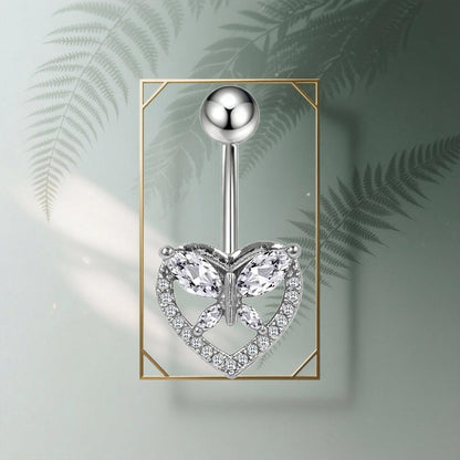 Three-dimensional Heart Shape Copper Belly Ring With Electroplated Platinum Plated Finish And Zircon Inlay