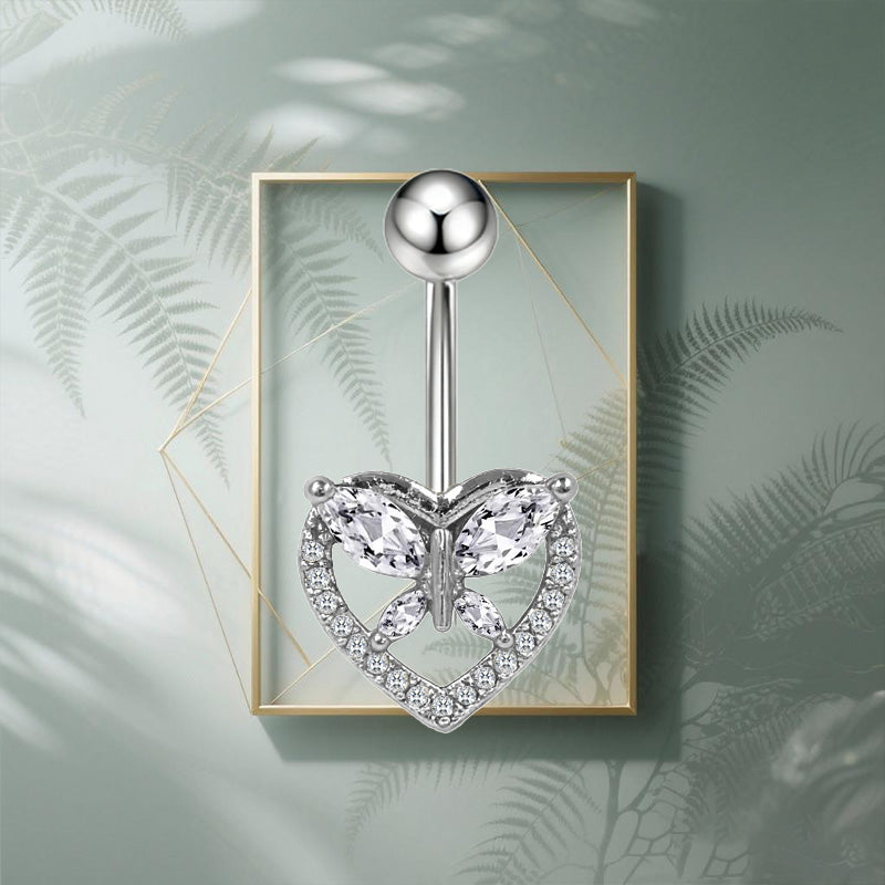 Three-dimensional Heart Shape Copper Belly Ring With Electroplated Platinum Plated Finish And Zircon Inlay