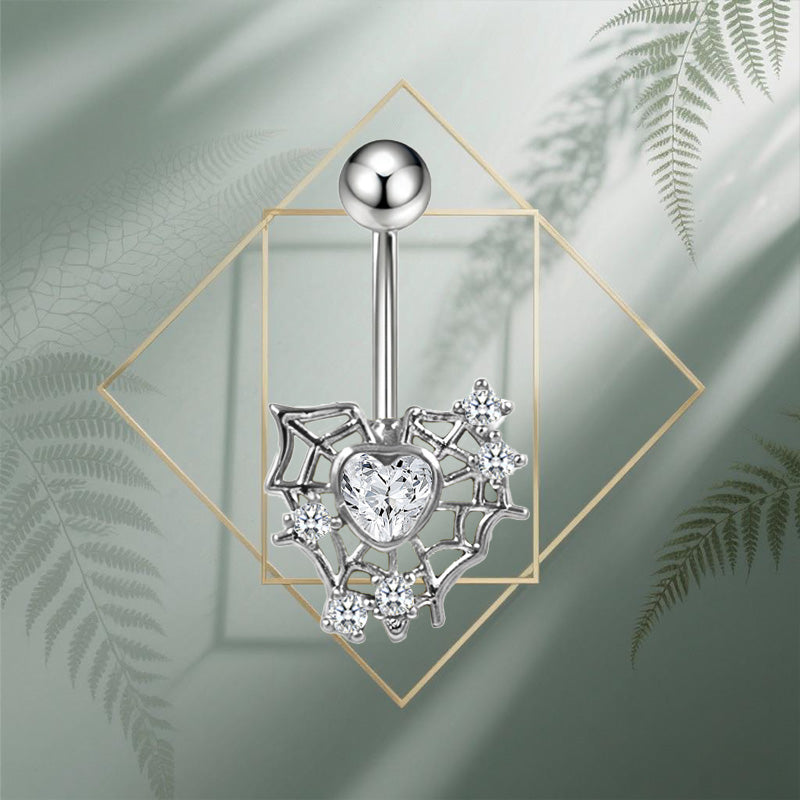 Three-dimensional Heart Shape Copper Belly Ring With Electroplated Platinum Plated Finish And Zircon Inlay