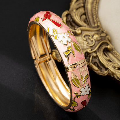 Vintage Style Pink Enamel Flowers Bangle For Women In Metal