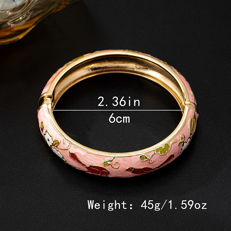 Vintage Style Pink Enamel Flowers Bangle For Women In Metal