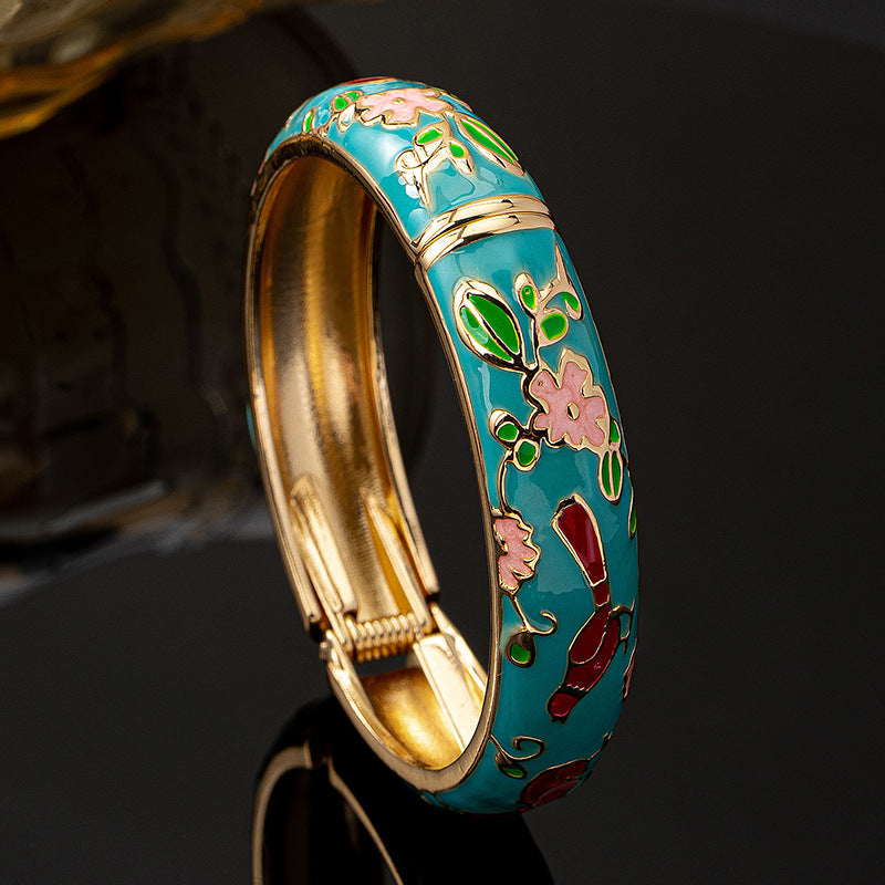 Vintage Style Pink Enamel Flowers Bangle For Women In Metal