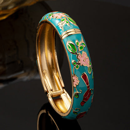 Vintage Style Pink Enamel Flowers Bangle For Women In Metal
