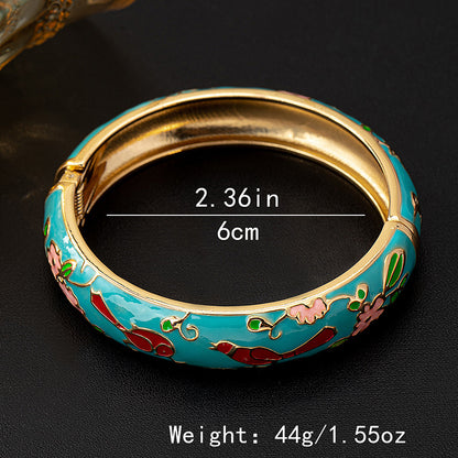 Vintage Style Pink Enamel Flowers Bangle For Women In Metal