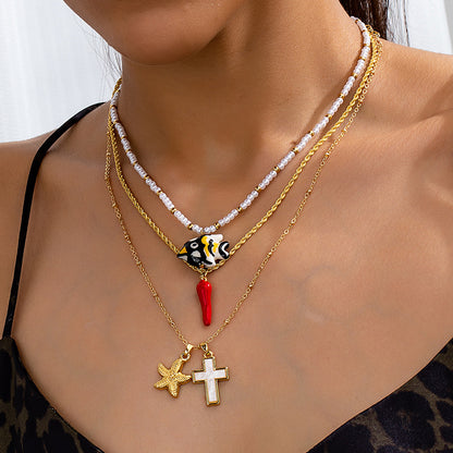 Cross Necklace For Women In Red Cartoon Style, Electroplated Alloy Jewelry Accessory