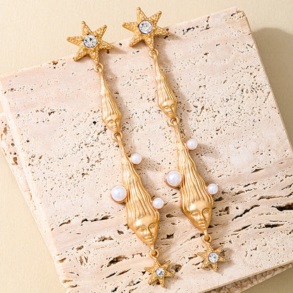 Hexagram Tassel Earrings For Women In Golden Alloy With Pearl Inlay, Perfect For Banquet Occasions