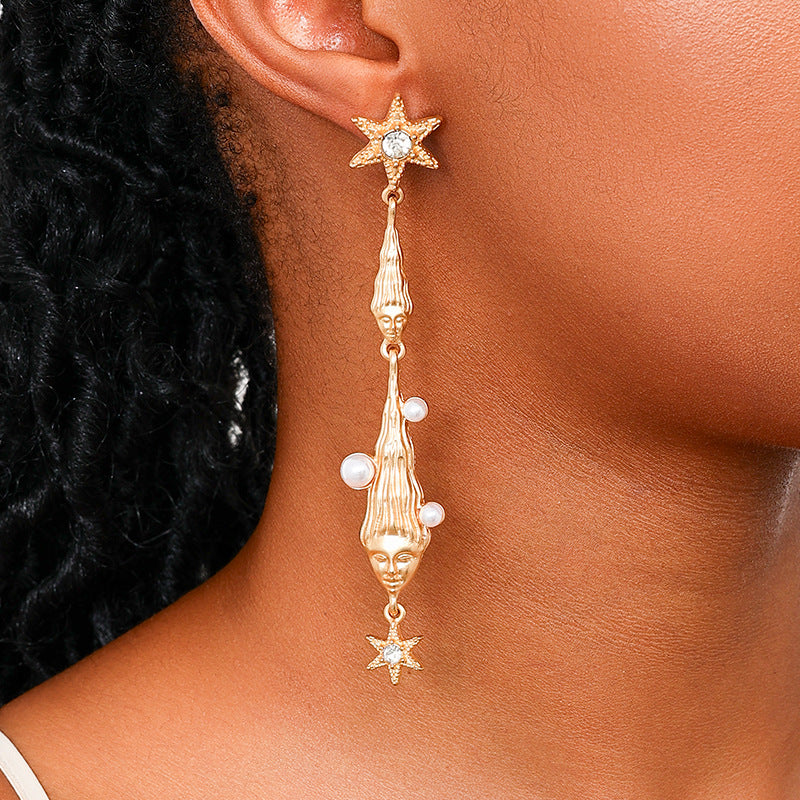Hexagram Tassel Earrings For Women In Golden Alloy With Pearl Inlay, Perfect For Banquet Occasions