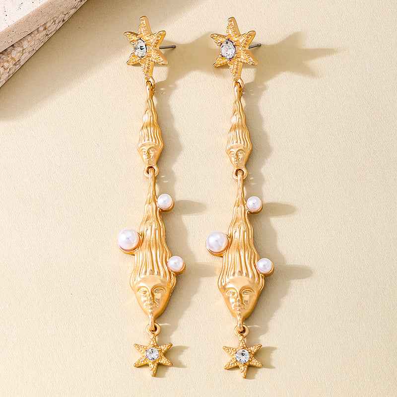 Hexagram Tassel Earrings For Women In Golden Alloy With Pearl Inlay, Perfect For Banquet Occasions