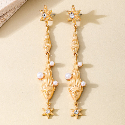 Hexagram Tassel Earrings For Women In Golden Alloy With Pearl Inlay, Perfect For Banquet Occasions