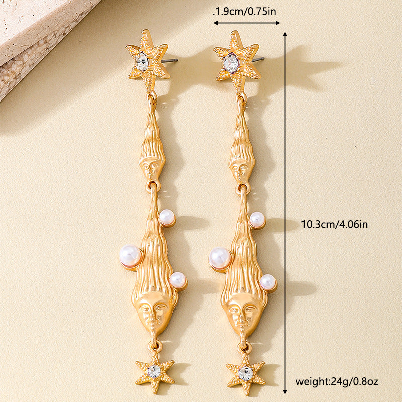 Hexagram Tassel Earrings For Women In Golden Alloy With Pearl Inlay, Perfect For Banquet Occasions