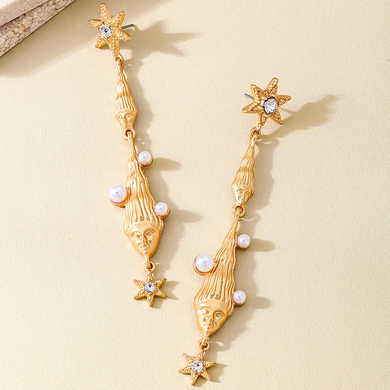 Hexagram Tassel Earrings For Women In Golden Alloy With Pearl Inlay, Perfect For Banquet Occasions
