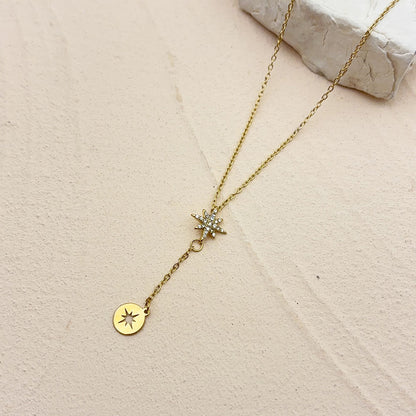 Star Pendant Necklace For Women In 304 Stainless Steel With 18K Real Gold Plated And Zircon Inlay On Cable Chain