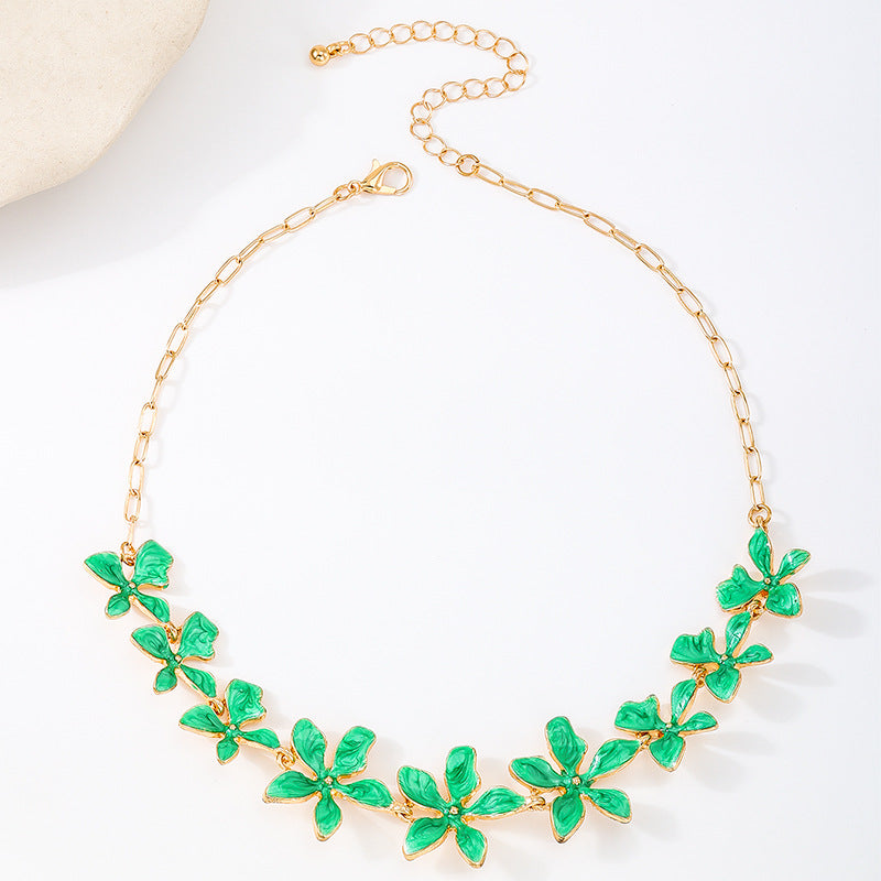 Enamel Green Flowers Necklace For Women In Alloy, Perfect For Banquet Occasions