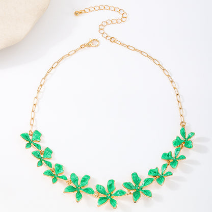 Enamel Green Flowers Necklace For Women In Alloy, Perfect For Banquet Occasions