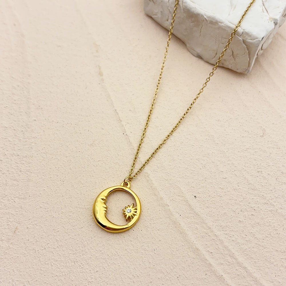 Star Pendant Necklace For Women In 304 Stainless Steel With 18K Real Gold Plated Finish And Zircon Inlay On Cable Chain