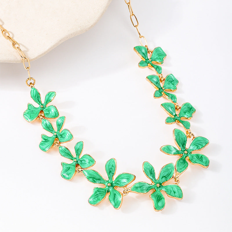 Enamel Green Flowers Necklace For Women In Alloy, Perfect For Banquet Occasions