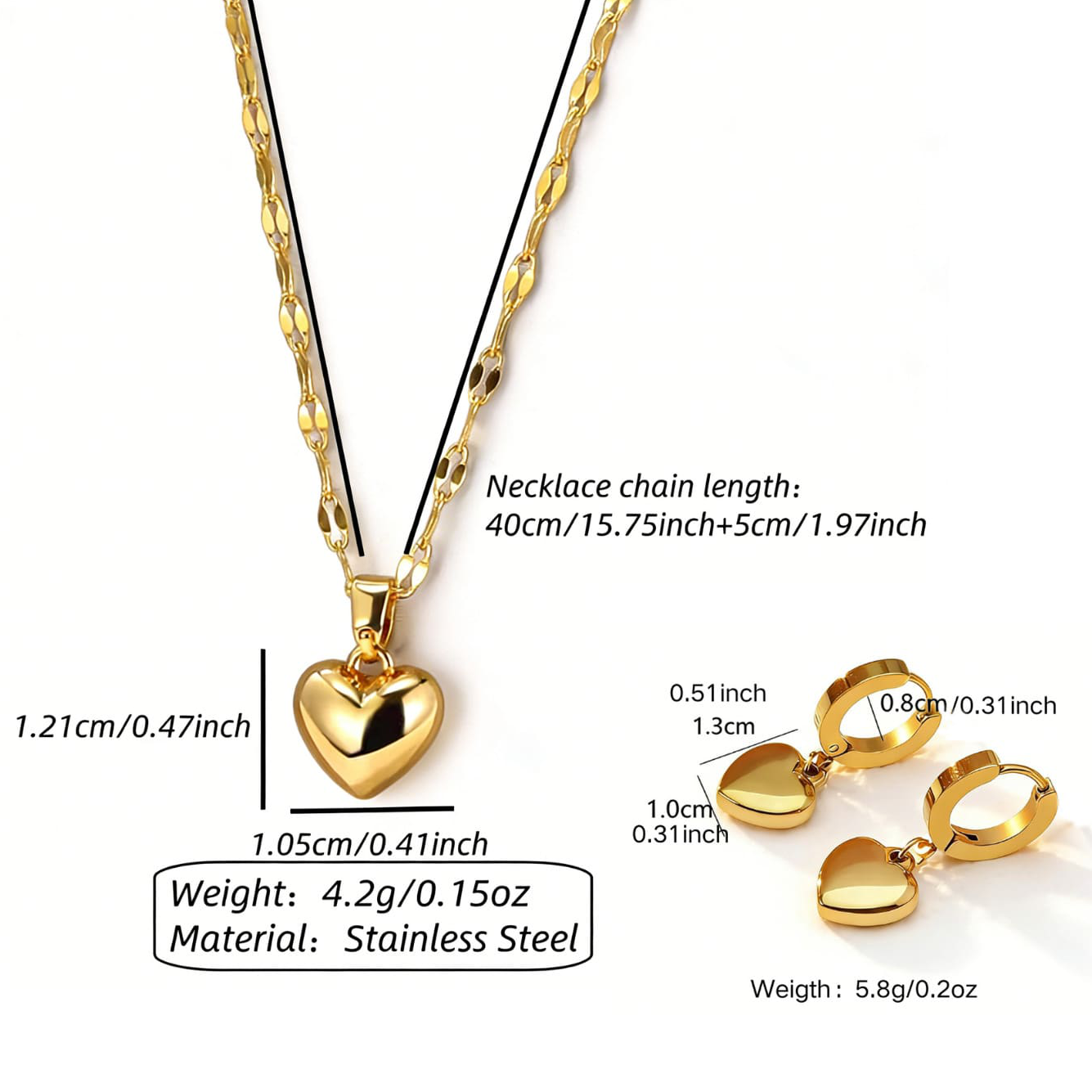Heart Shape Three-dimensional Jewelry Set For Women In 304 Stainless Steel With 18K Real Gold Plated Lip Chain