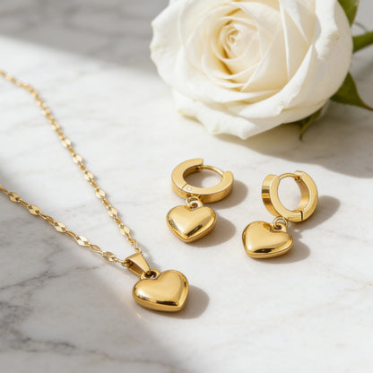 Heart Shape Three-dimensional Jewelry Set For Women In 304 Stainless Steel With 18K Real Gold Plated Lip Chain