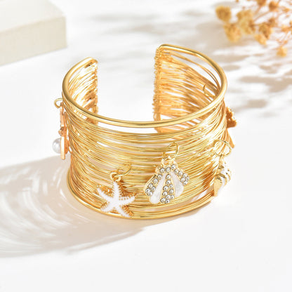 Exaggerated Starfish Bangle For Jewelry Accessories Featuring Electroplated Golden Metal With Imitation Pearl Inlay