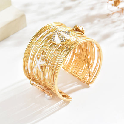 Exaggerated Starfish Bangle For Jewelry Accessories Featuring Electroplated Golden Metal With Imitation Pearl Inlay