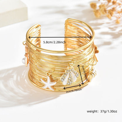 Exaggerated Starfish Bangle For Jewelry Accessories Featuring Electroplated Golden Metal With Imitation Pearl Inlay