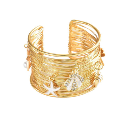 Exaggerated Starfish Bangle For Jewelry Accessories Featuring Electroplated Golden Metal With Imitation Pearl Inlay