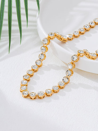 Round Metal Necklace For Women With Rhinestones Inlay