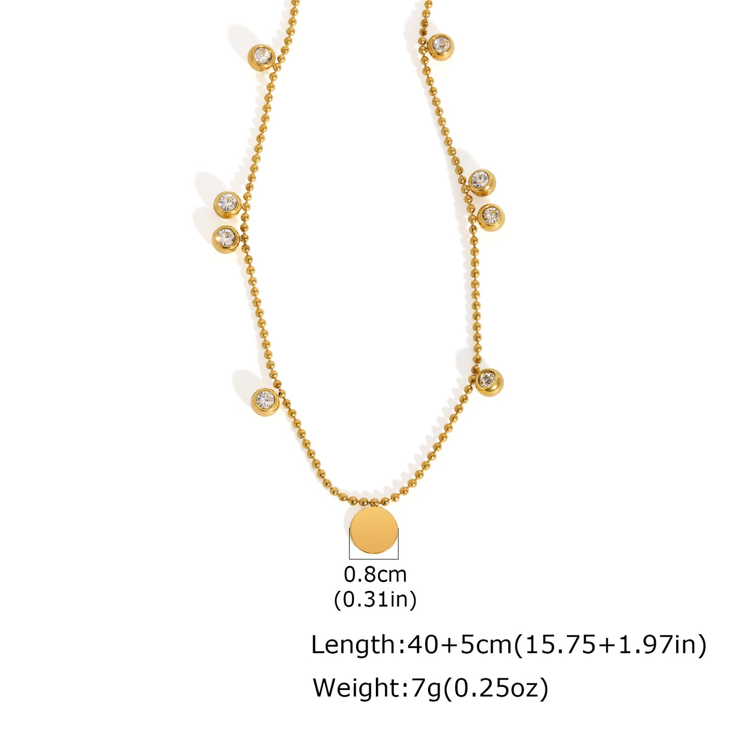 Solid Color Necklace For IG Style Featuring 304 Stainless Steel With 18K Real Gold Plated And Zircon Inlay On Beaded Chain