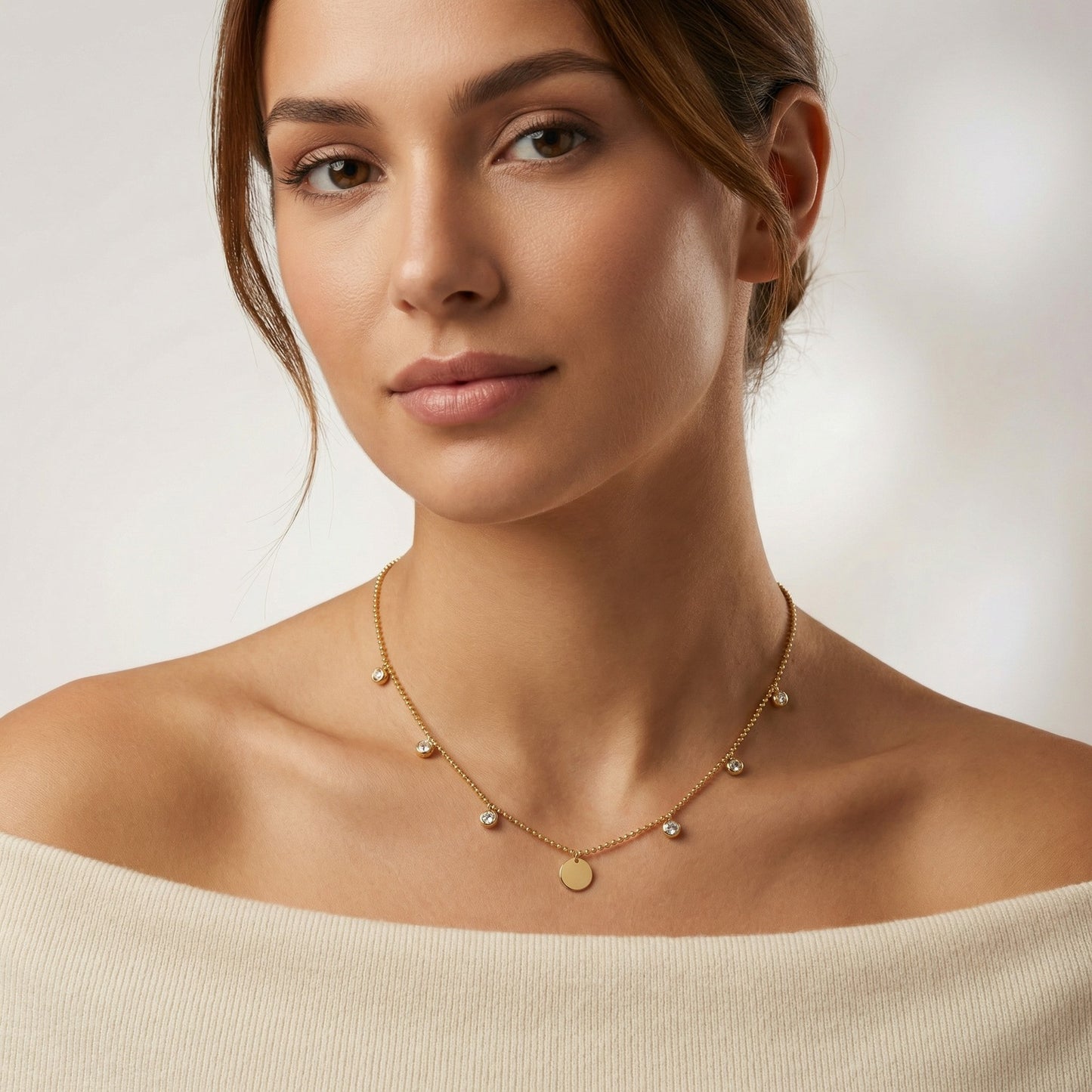 Solid Color Necklace For IG Style Featuring 304 Stainless Steel With 18K Real Gold Plated And Zircon Inlay On Beaded Chain