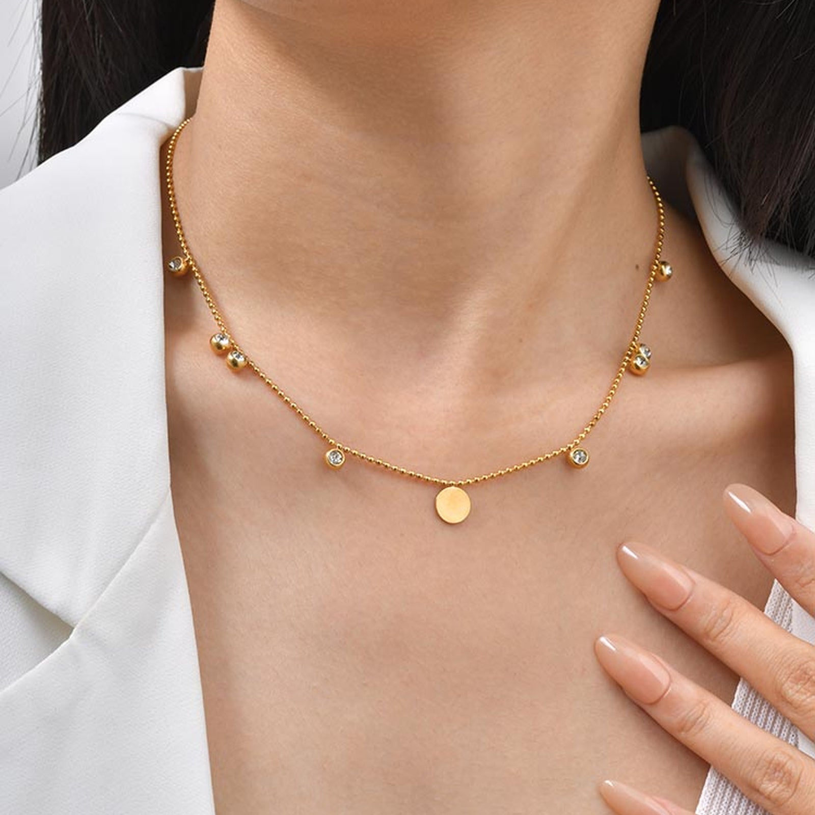 Solid Color Necklace For IG Style Featuring 304 Stainless Steel With 18K Real Gold Plated And Zircon Inlay On Beaded Chain