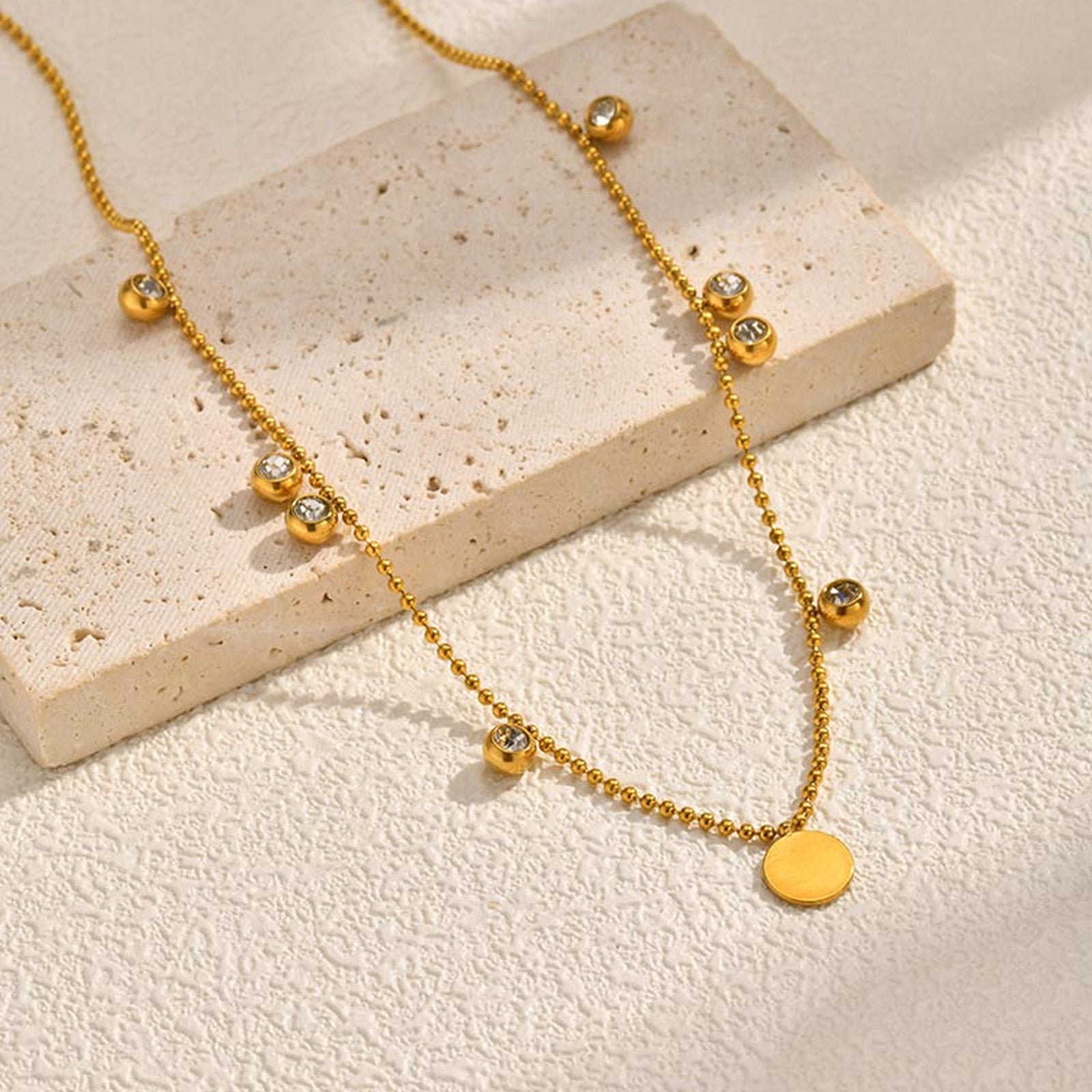Solid Color Necklace For IG Style Featuring 304 Stainless Steel With 18K Real Gold Plated And Zircon Inlay On Beaded Chain